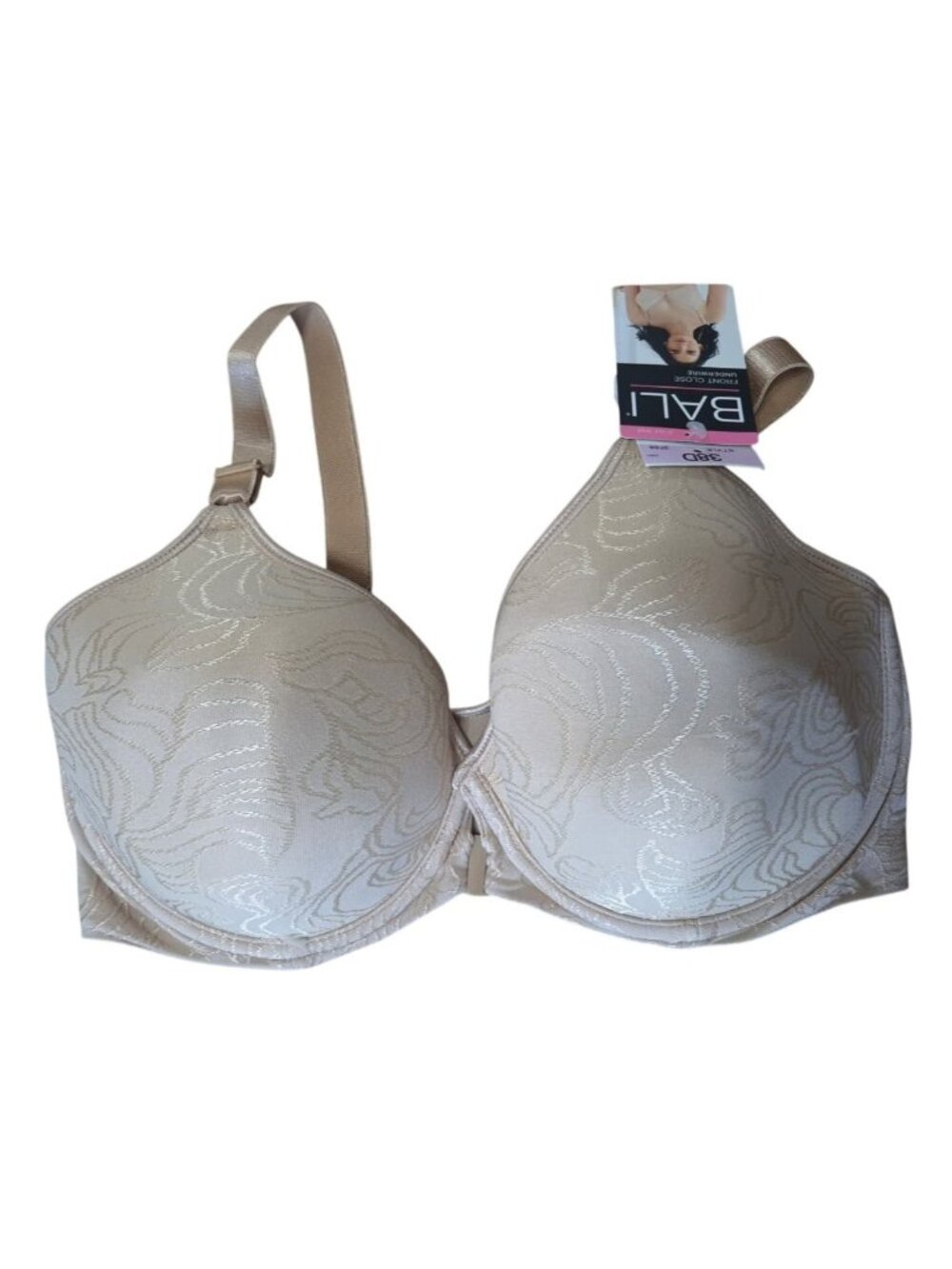 Bali 3P66 Front Close Underwire Bra Floral 38D Beige Adjustable Straps NWT Lined
